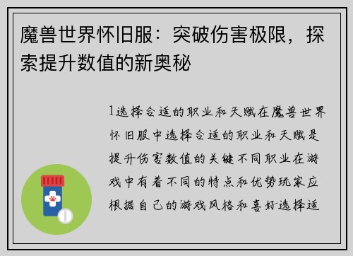 魔兽世界怀旧服：突破伤害极限，探索提升数值的新奥秘
